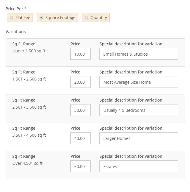 Service Pricing Edit From with Rela's Photographer Platform